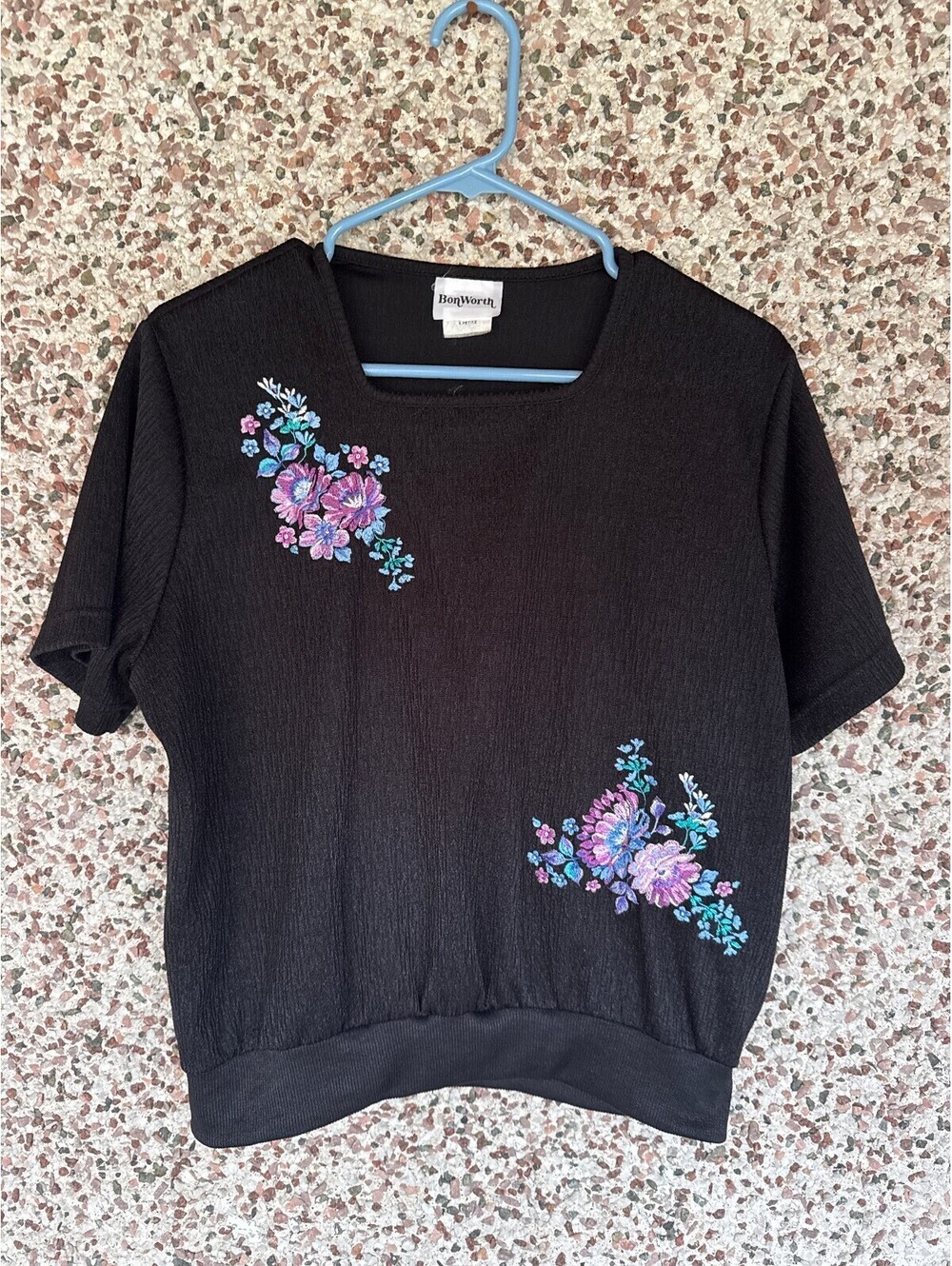 BonWorth Black Floral Embroidered Top S Petite Retro Cottagecore